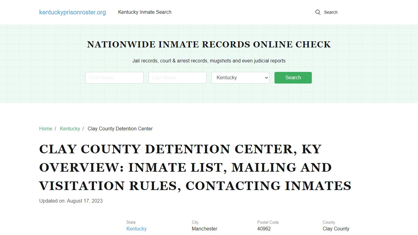 Clay County Detention Center, KY: Offender Search, Visitation & Contact ...